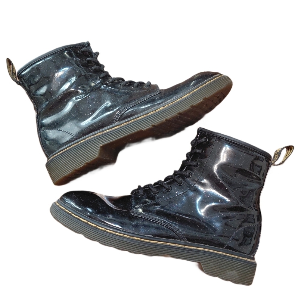 Dr. Martens Glitter Combat Boot Women's Black Patent Leather Army Moto Boot Sz 5